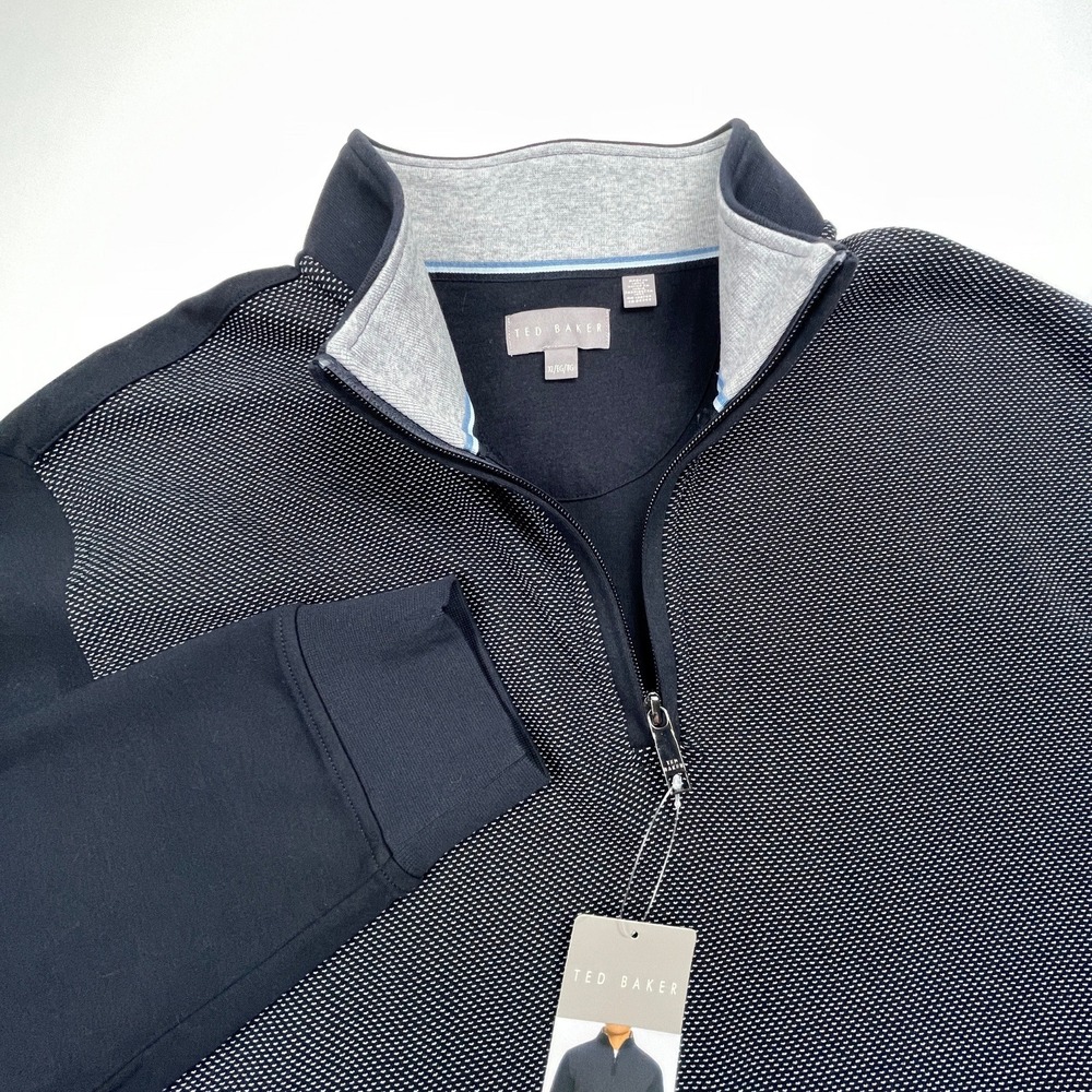 Ted Baker Mens Quarter 1/4 Zip Pullover Textured Front Cotton Blend XL Blue NEW
